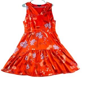 Eclair Orange Floral Tiered Mini Dress Sleeveless V-Neck Lined DSC9741-01 Large
